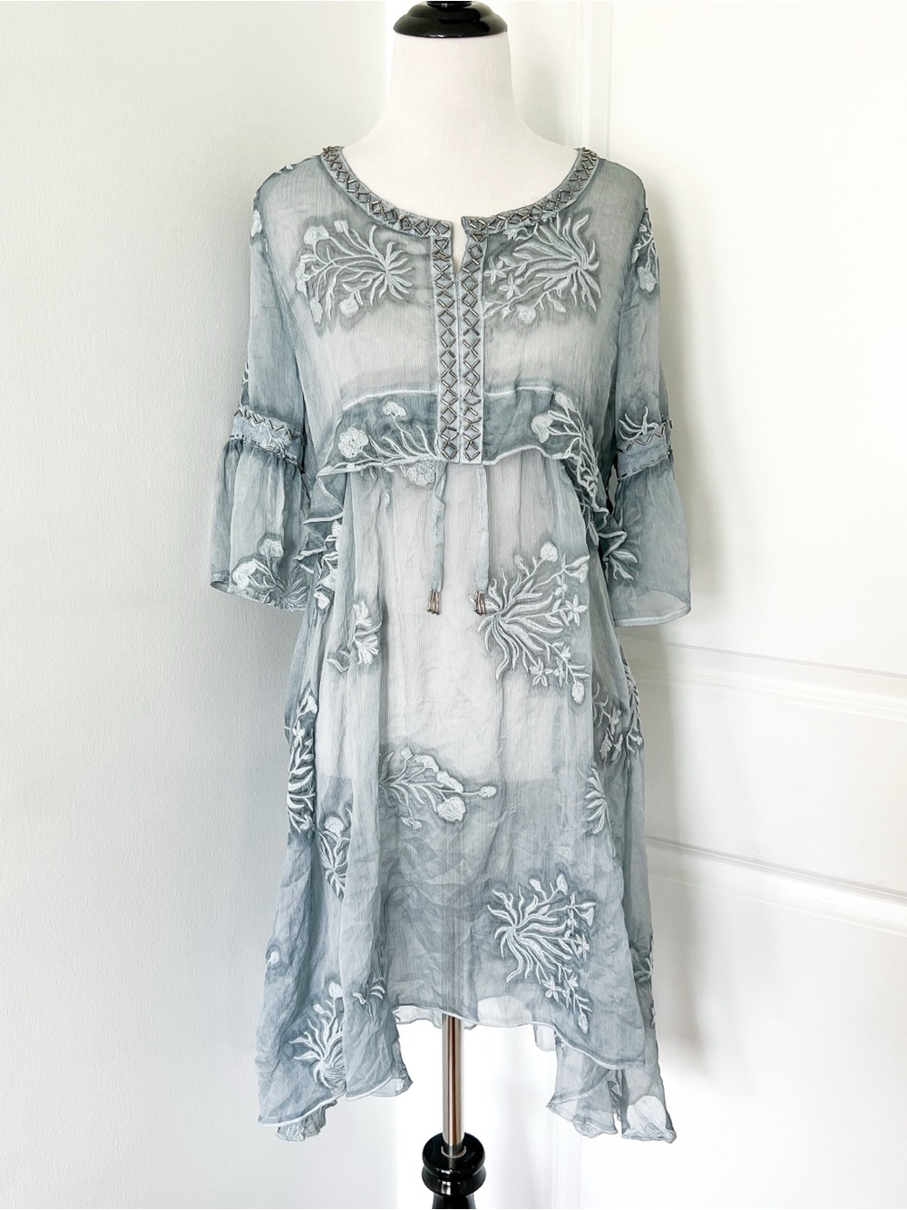 Embroidered Sheer Boho Tunic Dress in Dusty Blue
